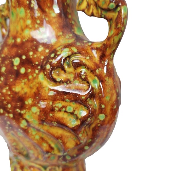 VTG Art Pottery Ewer Vase Brown Orange Green 1960-70s Pitcher Handled Hand Paint - Picture 12 of 12